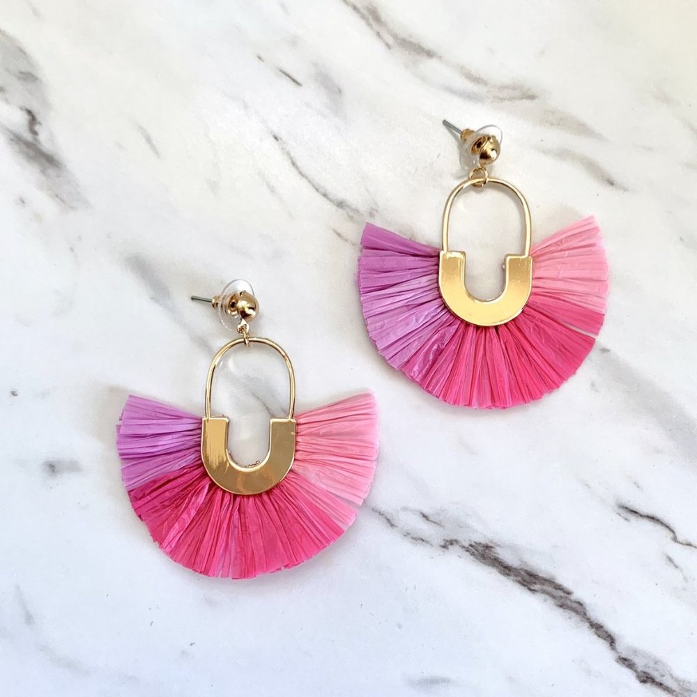 Blowout Pink Taffeta Fan Dangle Gold Earrings